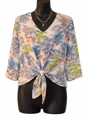 Tropical Print Tie-Front V-Neck Blouse - White with Blue & Green